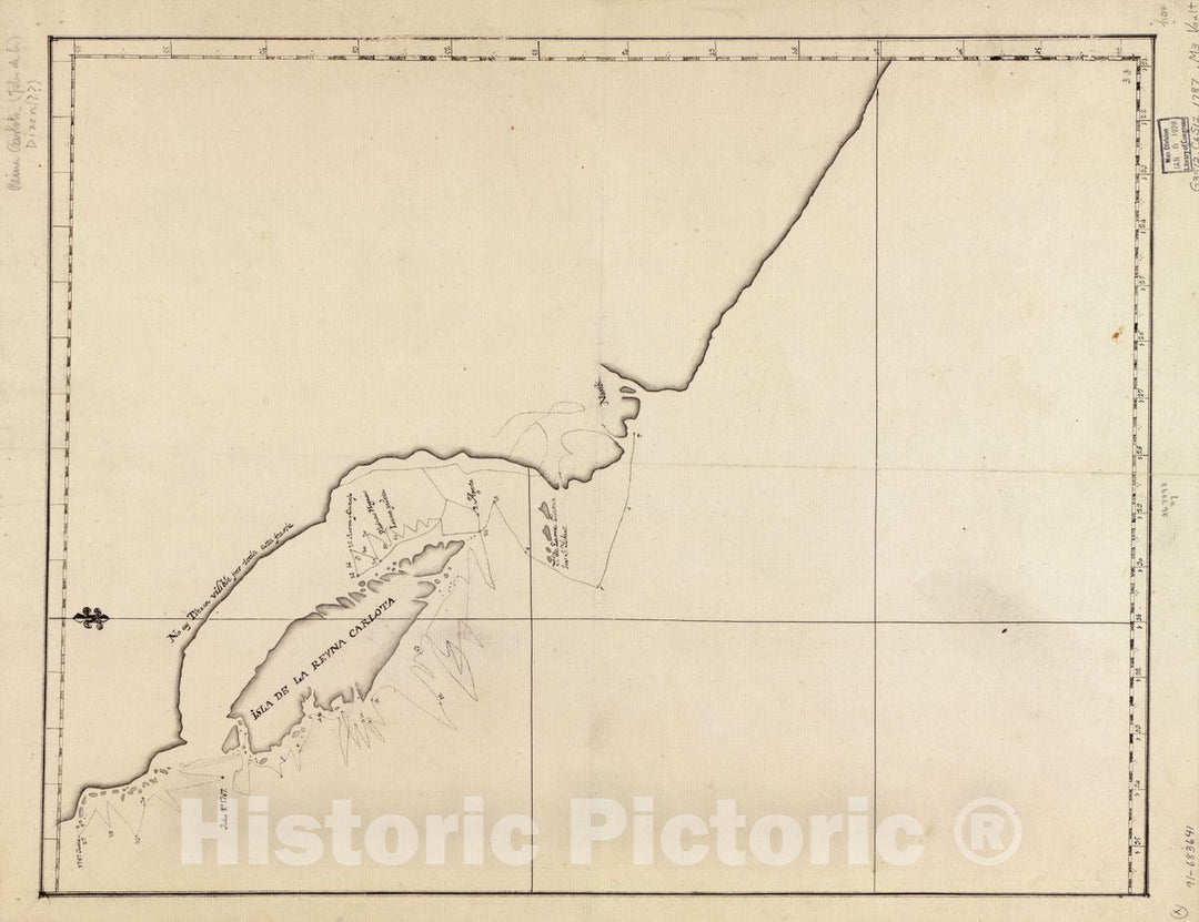 Historic 1787-1788 Map - Map Showing Route of Captain George Dixon in The Queen Charlotte Along The Coast of British Columbia Including Queen Charlotte Islands, June 27-August 7, 1787