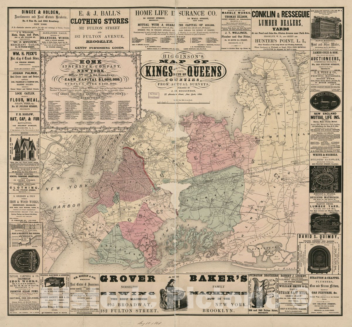 Historic 1860 Map - Higginson's map of Kings and a Large Part of Queens Counties : from Actual surveys.