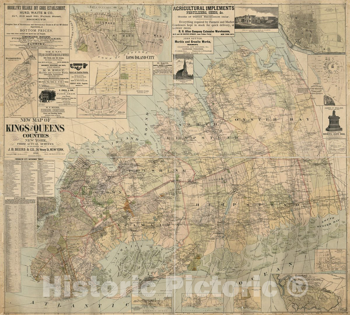 Historic 1886 Map - New map of Kings and Queens Counties, New York : from Actual surveys.