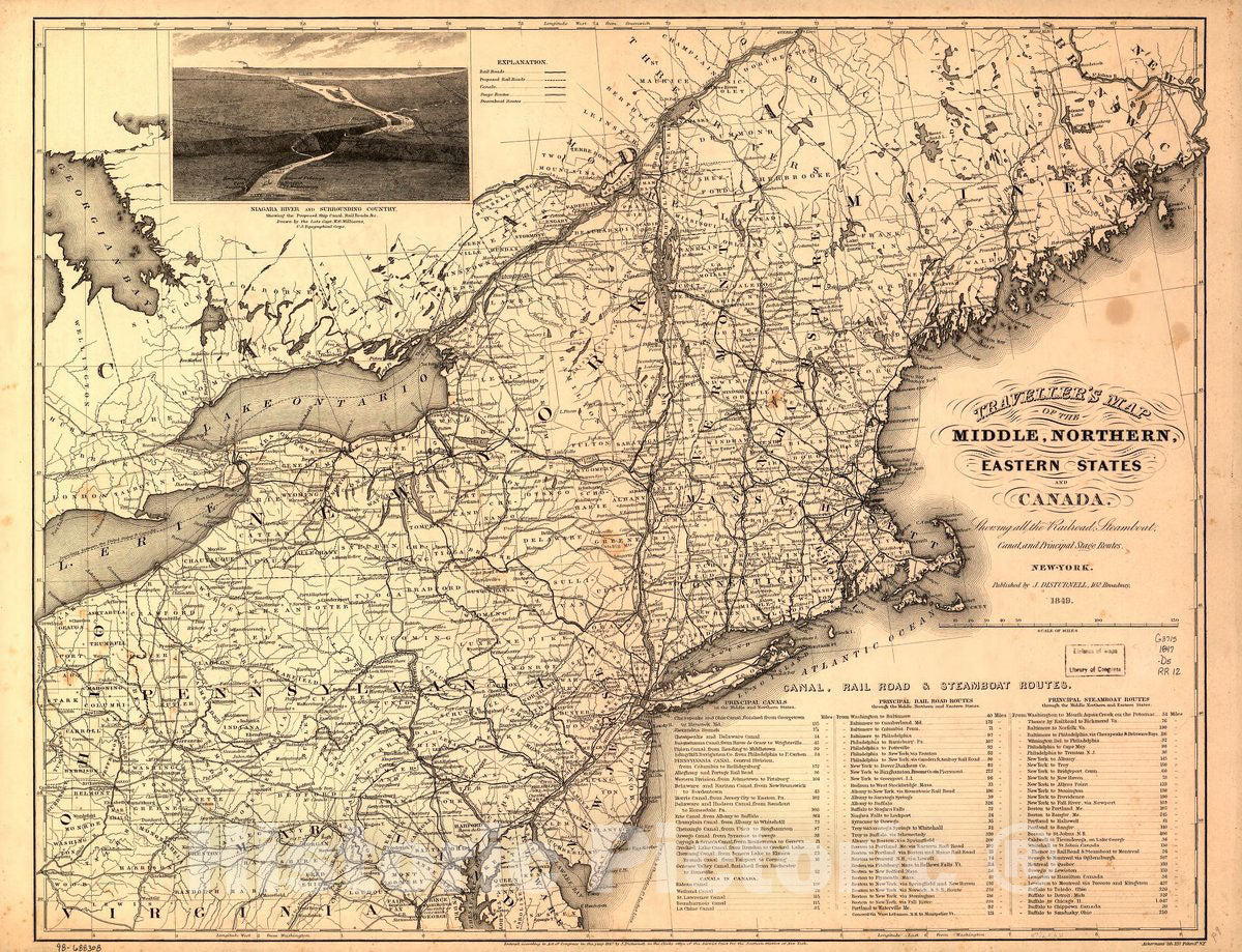 Historic 1849 Map - Traveller's map of The Middle, Northern, Eastern States and Canada Showing All The Railroad, Steamboat, Canal and Principal Stage Routes.