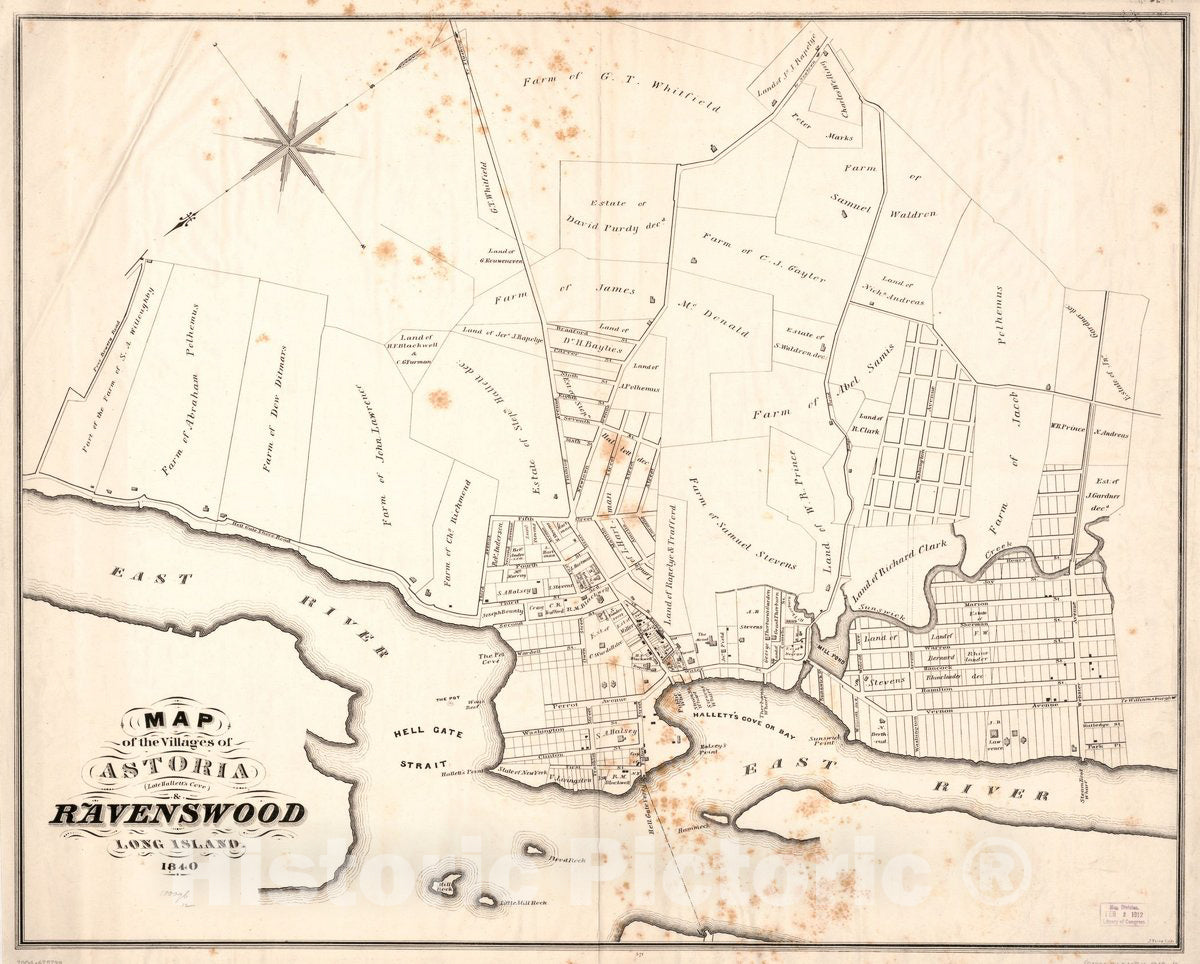 Historic 1840 Map - Map of The Villages of Astoria (Late Hallett's Cove) & Ravenswood, Long Island.