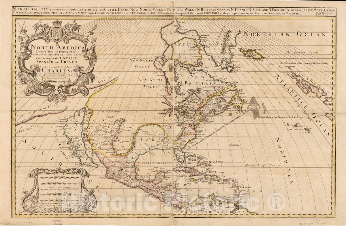 Historic 1680 Map - North America Divided into its principall Parts Where are Distinguished The severall States which Belong to The English, Spanish, and French