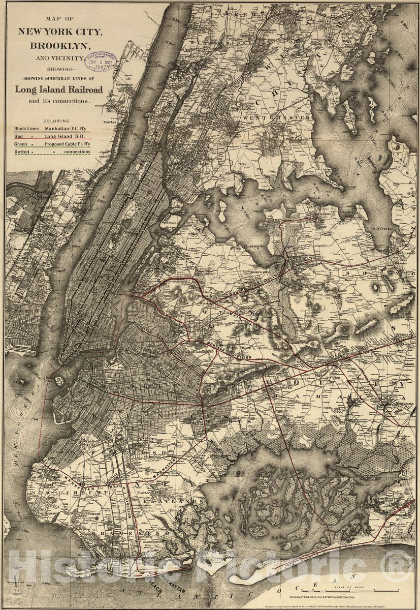 Historic 1885 Map - Map of New York City, Brooklyn, and Vicinity, shewing sic Suburban Lines of Long Island Railroad and its Connections.