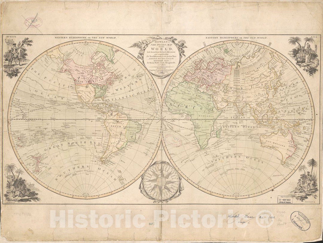 Historic 1791 Map - Bowles's New Pocket map of The World, Laid Down from The Latest observations and comprehending The New Discoveries to The Present time