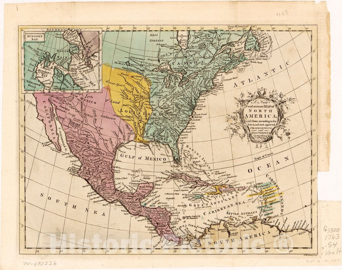 Historic 1763 Map - A New and Accurate map of North America, Laid Down According to The Latest, and Most Approved observations and Discoveries.