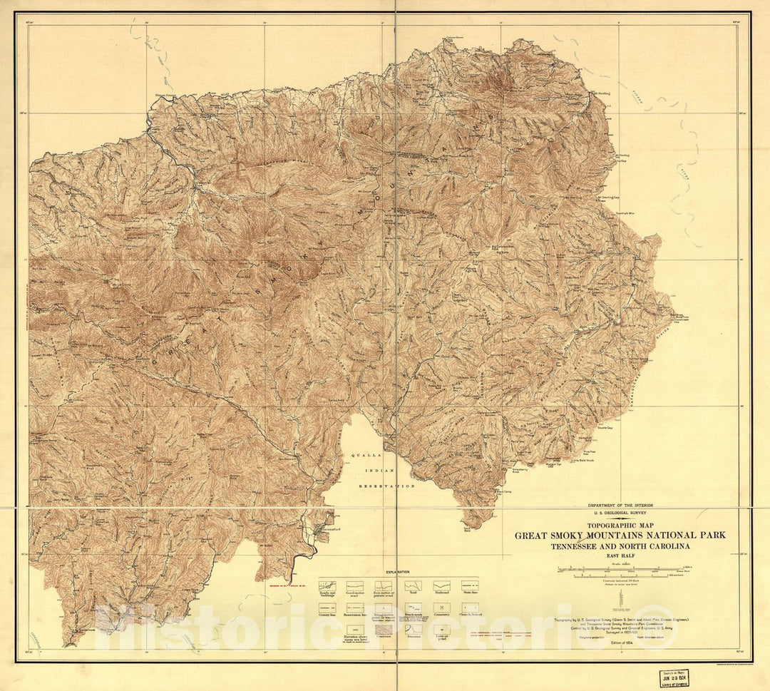 Historic 1934 Map - Topographic map, Great Smoky Mountains National Park, Tennessee and North Carolina.