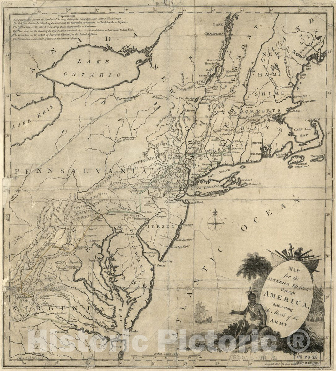 Historic 1780 Map - Map for The Interior Travels Through America, delineating The March of The Army.