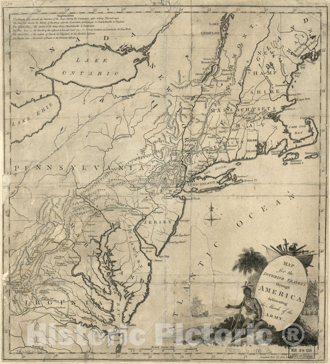 Historic 1780 Map - Map for The Interior Travels Through America, delineating The March of The Army.