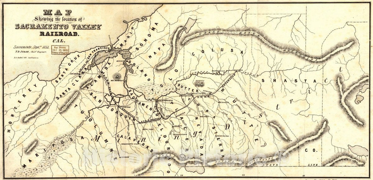 Historic 1854 Map - Map Showing The Location of Sacramento Valley Railroad, Cal. Sacramento, Septr, 1854; T.D. Judah, Chief Engineer.