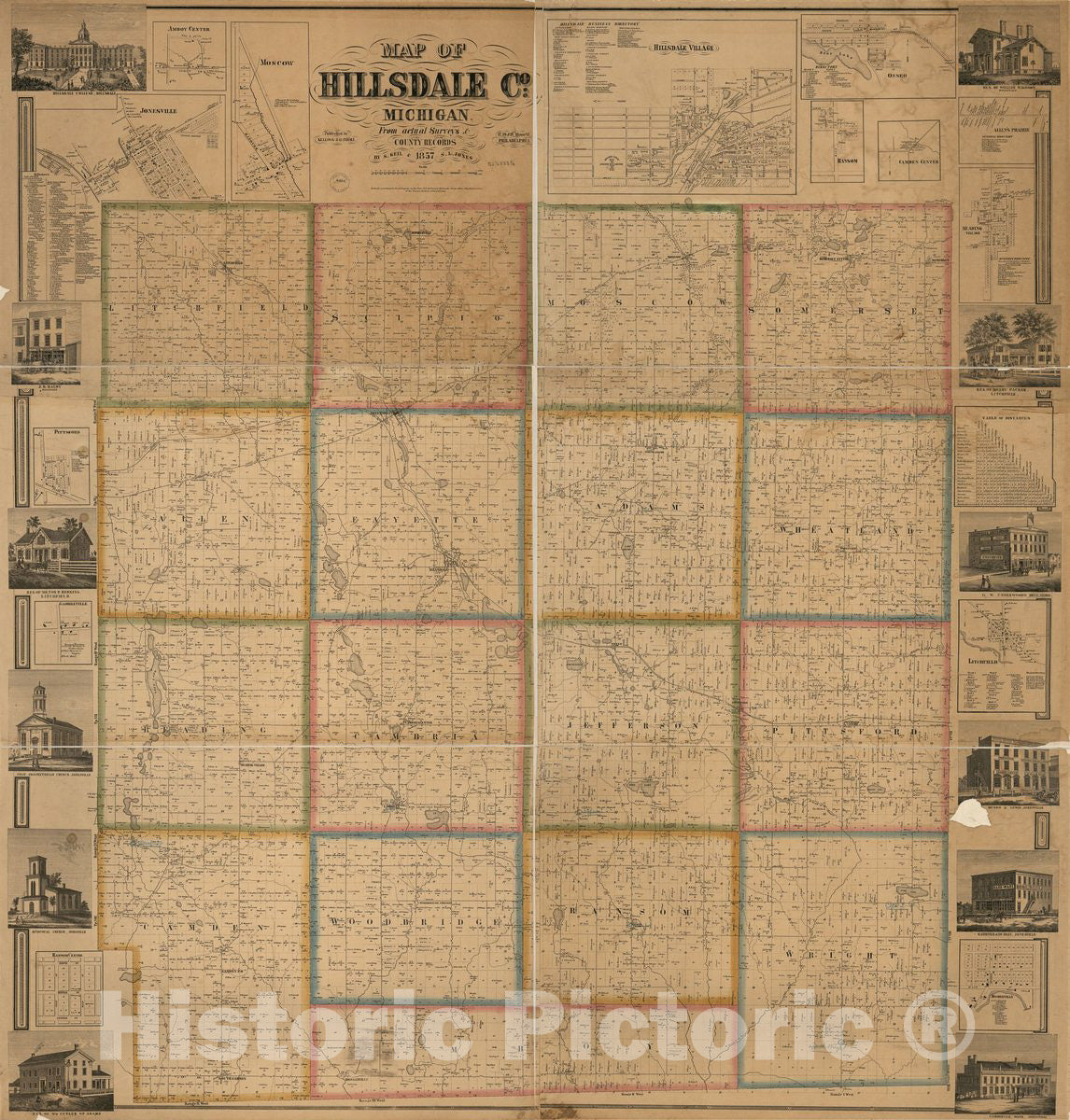 Historic 1857 Map - Map of Hillsdale Co, Michigan