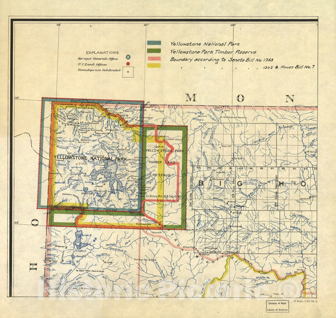 Historic 1895 Map - Yellowstone National Park Boundaries