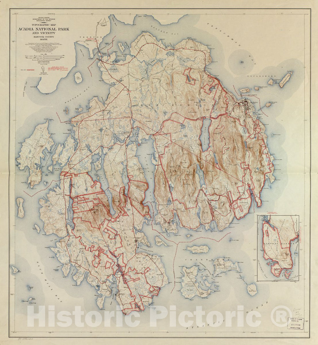 Historic 1942 Map - Topographic Map, Acadia National Park and Vicinity, Hancock County, Maine.