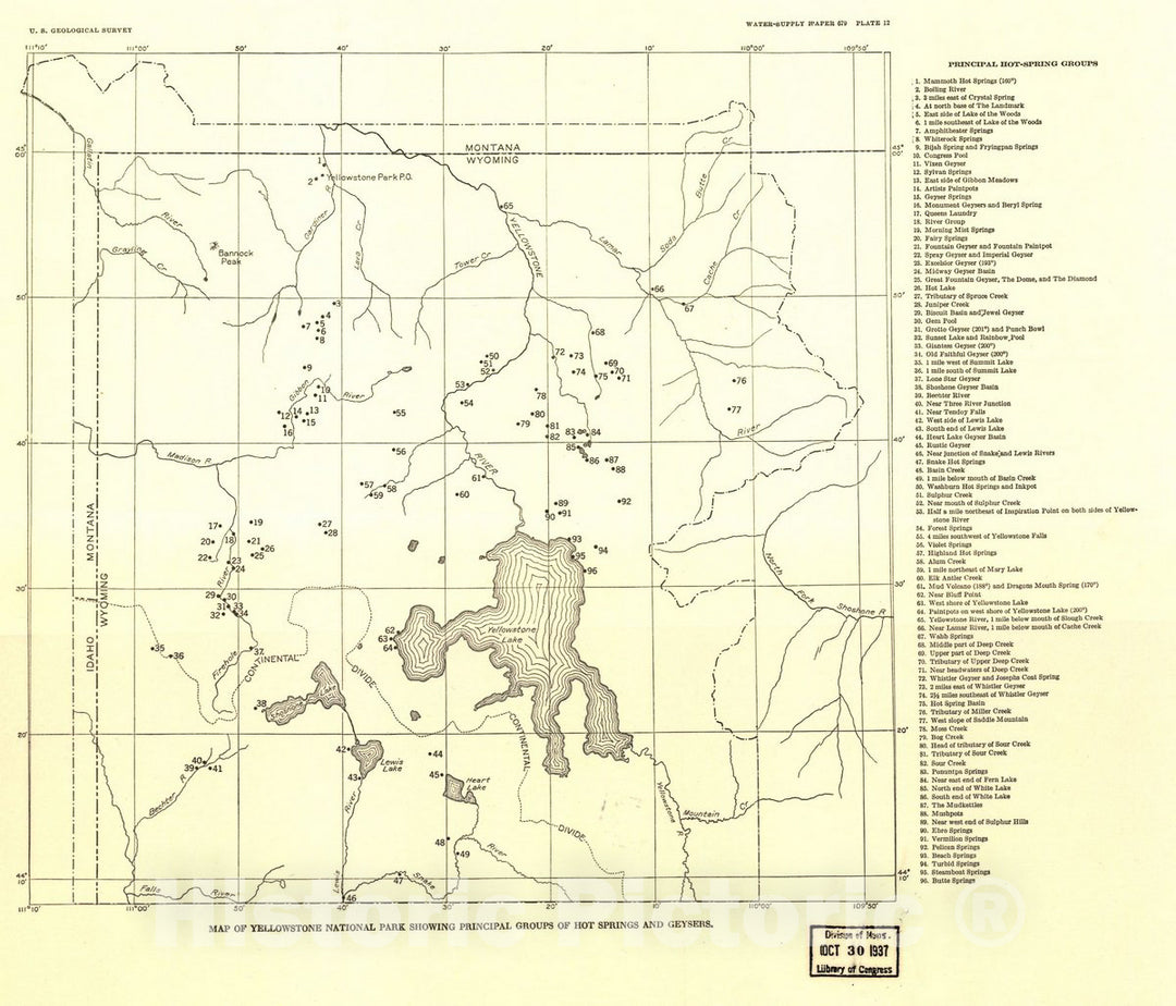 Historic 1937 Map - Map of Yellowstone National Park Showing Principal Groups of hot Springs and geysers.