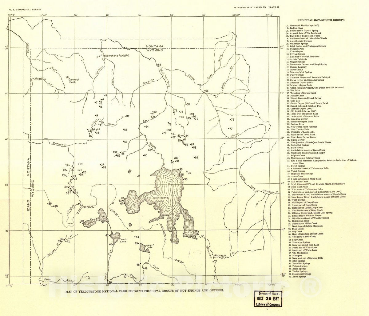 Historic 1937 Map - Map of Yellowstone National Park Showing Principal Groups of hot Springs and geysers.