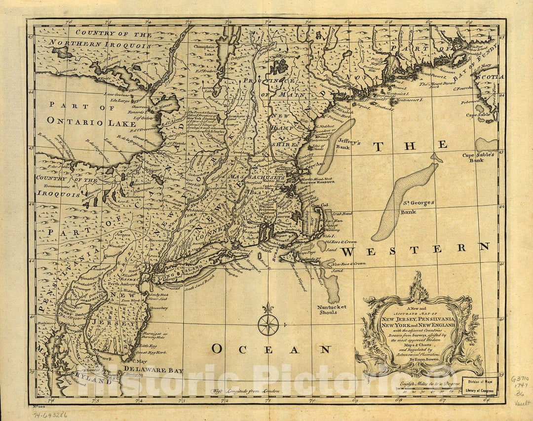 Historic 1747 Map - A New and Accurate map of New Jersey, Pensilvania, New York and New England, with The Adjacent Countries. Drawn from surveys, Assisted by The Most Approved Modern maps