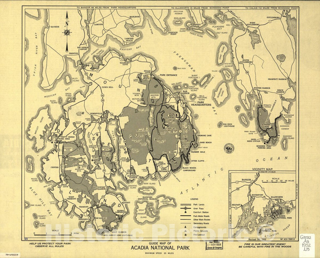 Historic 1954 Map - Guide map of Acadia National Park