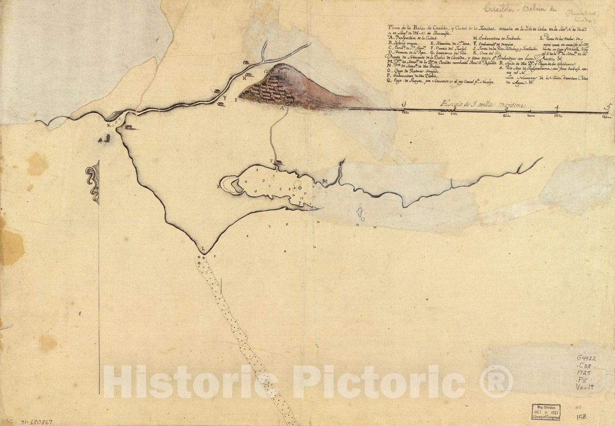 Historic 1725 Map - Plano de la BahÃ­a de Cazilda y Ciudad de la Trinidad situada en la ysla de Cuba en la lattd. N. de 2147 y en longd. de 29541 de Thenerife.