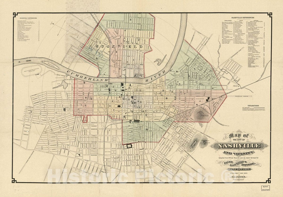 Historic 1877 Map - Map of The City of Nashville and Vicinity