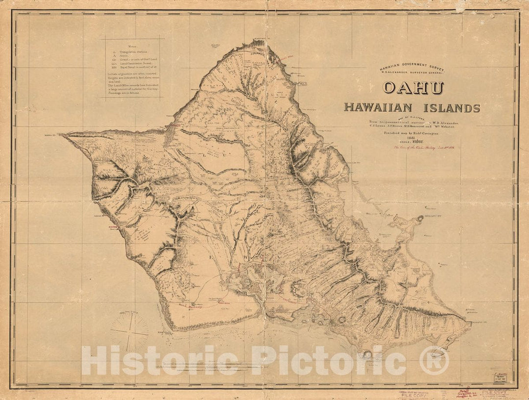 Historic 1881 Map - Hawaiian Government Survey; W. D. Alexander, Surveyor General, Oahu, Hawaiian Islands; map by C. J. Lyons, from trigonometic surveys by W. D. Alexander