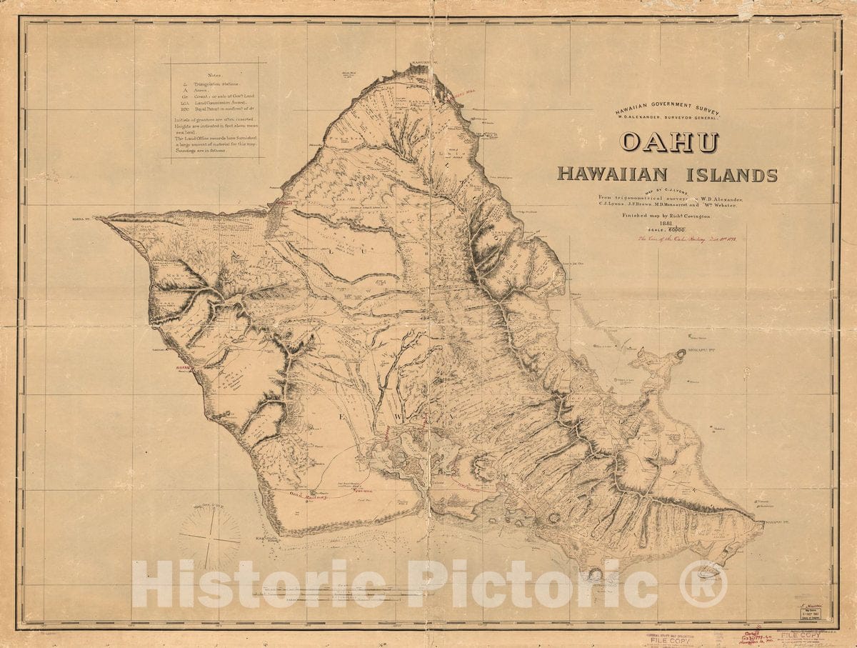 Historic 1881 Map - Hawaiian Government Survey; W. D. Alexander, Surveyor General, Oahu, Hawaiian Islands; map by C. J. Lyons, from trigonometic surveys by W. D. Alexander