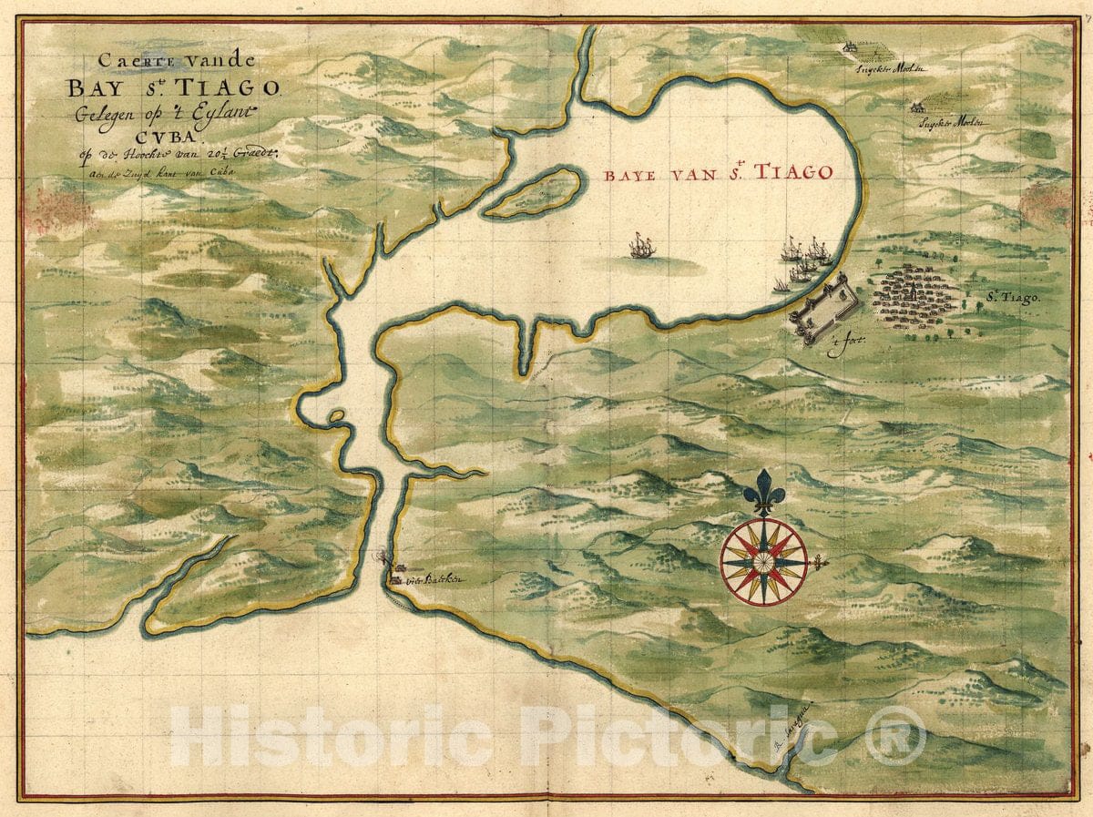 Historic 1639 Map - Caerte vande Bay St. Tiago : gelegen op 't Eylant Cvba, op de Hoochtv Van 20 1/2 graedt; aen de Zuyd Land Van Cuba.