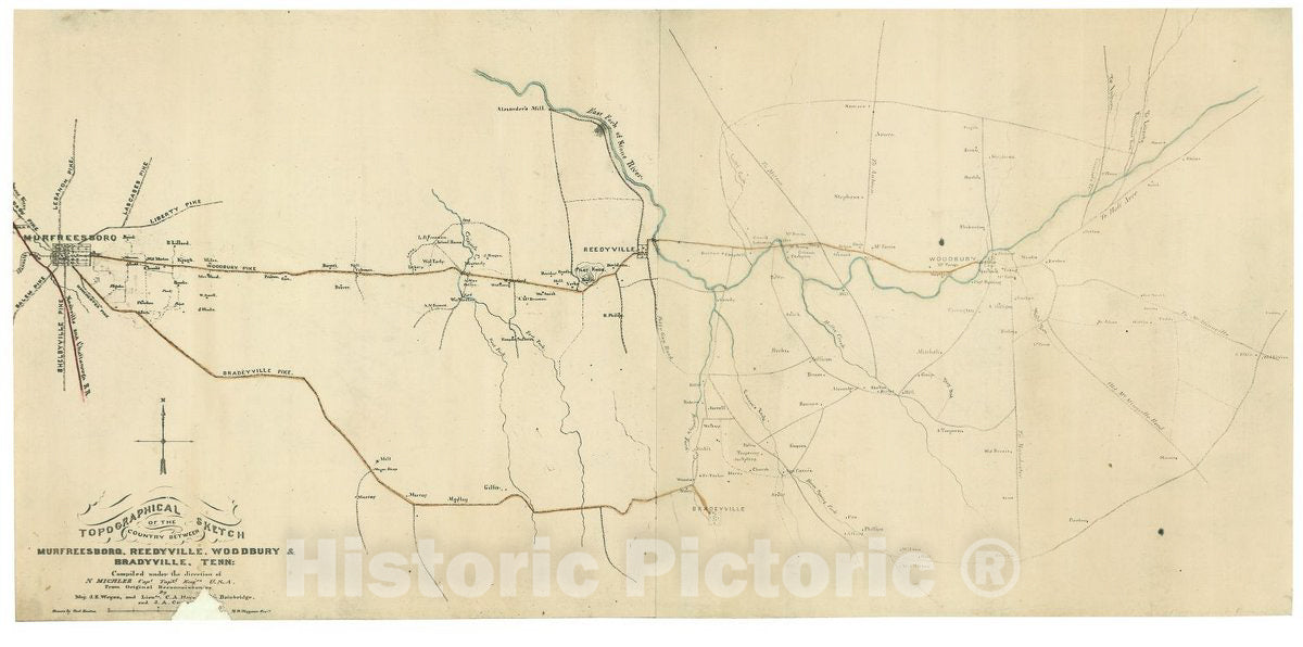 Historic 1861 Map - Topographical Sketch of The Country Between Murfreesboro, Reedyville, Woodbury & Bradyville, Tenn.