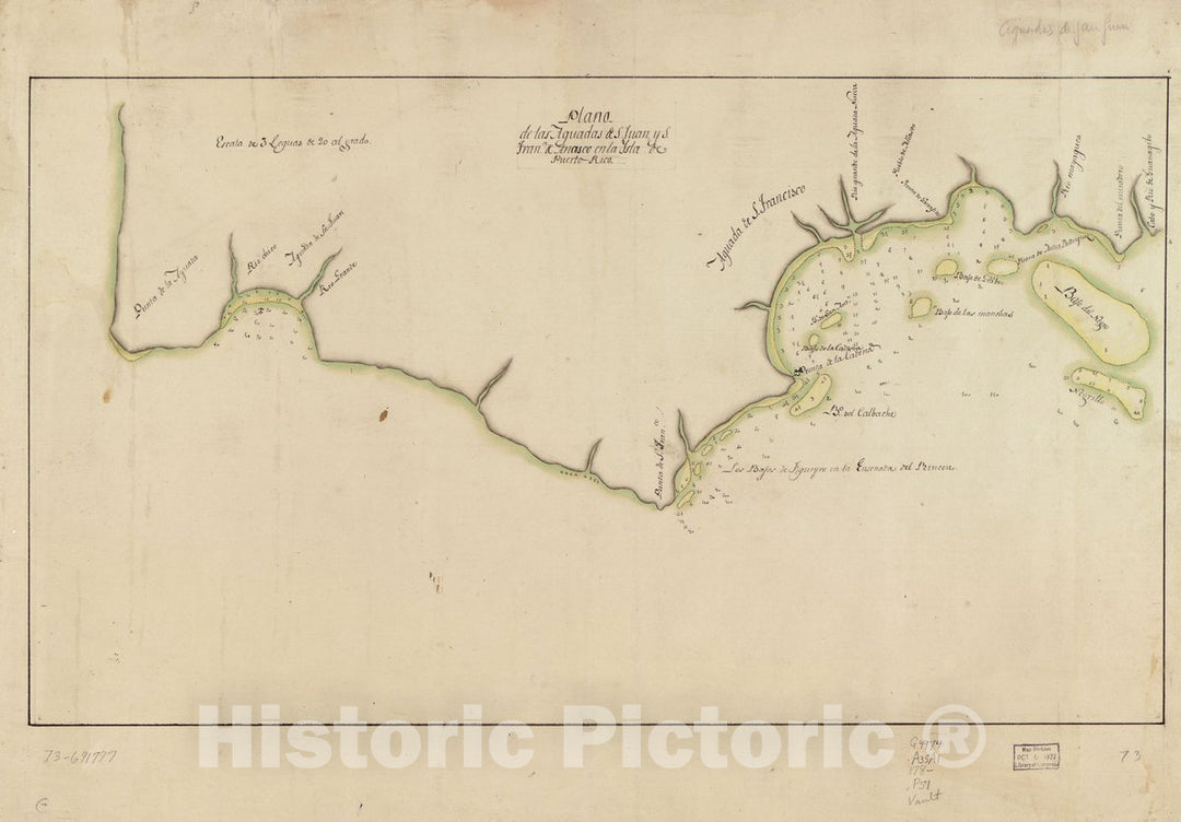 Historic 1780 Map - Plano de las aguadas de S. Juan y S. Franco. & Anasco en la ysla de Puerto Rico.