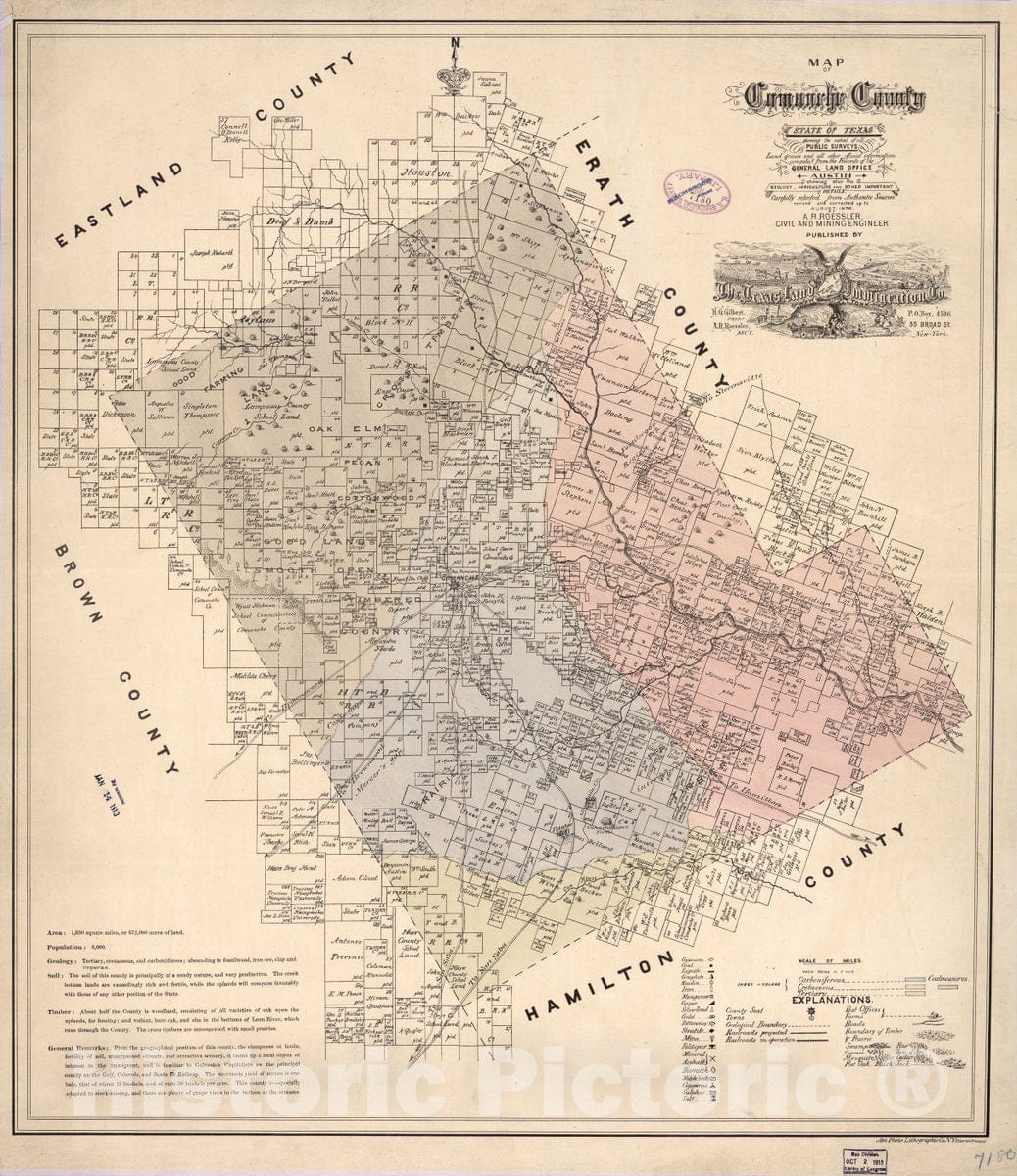 Historic 1876 Map - Map of Comanche County : State of Texas Showing The Extent of All Public surveys, Land Grants and All Other Official Information