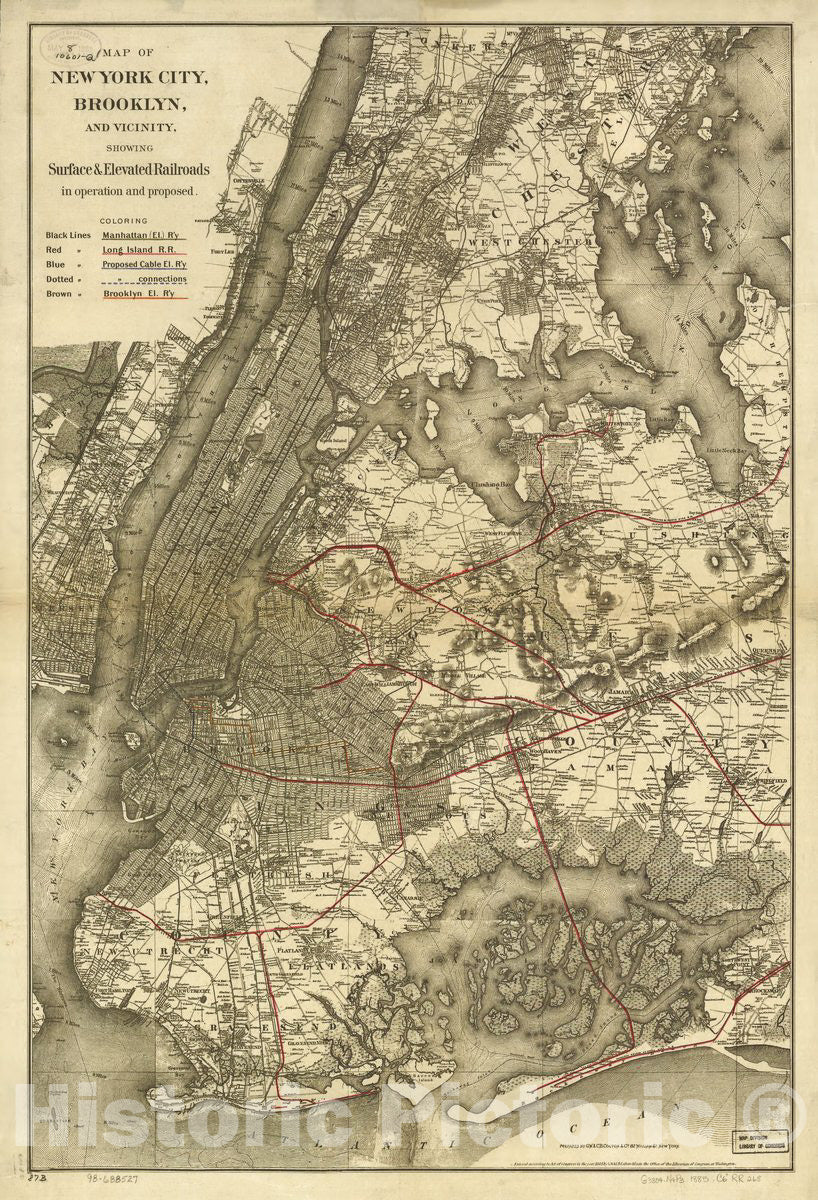 Historic 1885 Map - Map of New York City, Brooklyn, and Vicinity Showing Surface & Elevated Railroads in Operation and Proposed.