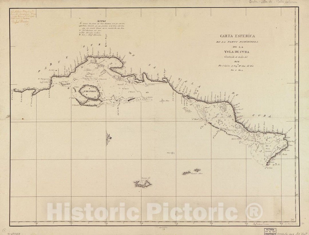 Historic 1804 Map - Carta esfÃ©rica de la Parte meridional de la ysla de Cuba