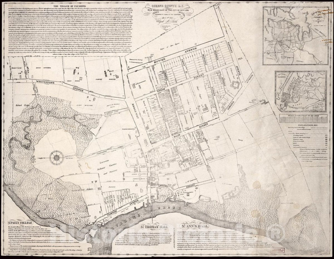 Historic 1841 Map - The Village of Flushing, Queens County, L.I. : Nine Miles East of The City of New York : LAT. 40Â° 45 1N, lon. 73Â° 09 58W