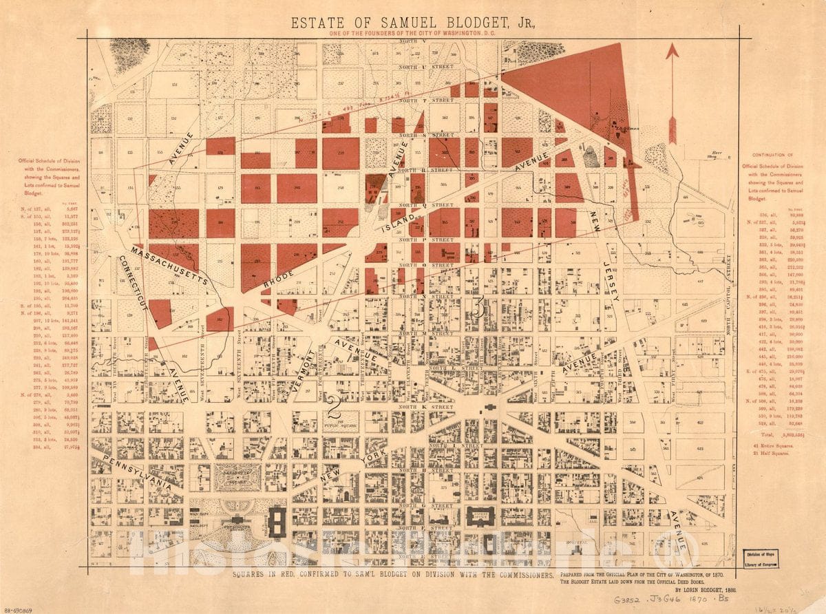 Historic 1870 Map - Estate of Samuel Blodget, Jr. : one of The Founders of The City of Washington, D.C. : Jamaica, Washington D.C.