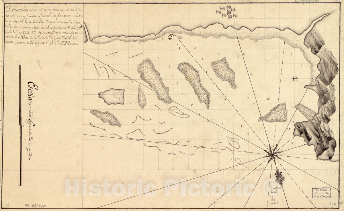 Historic 1700 Map - El GuÃ¡rico, Alias, el cavo Frances, ES UNA de las colonias y puertos qe. posseen Los Frances ES en la Parte Occidental de la Ysla EspaÃ±ola, UNA de las de Barlosto.