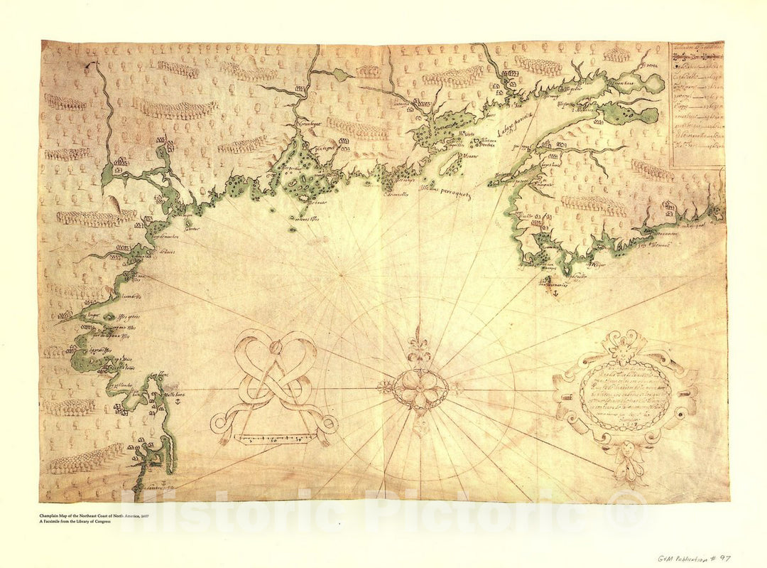 Historic 1607 Map - Descripsion des Costs, pts, rades, illes de la Nouuele France faict selon Son vray mÃ©ridien : avec la dÃ©clinaison de la Ment de plussieurs endrois selon