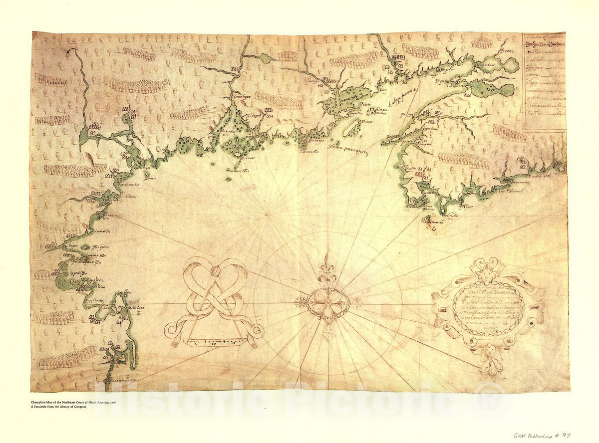 Historic 1607 Map - Descripsion des Costs, pts, rades, illes de la Nouuele France faict selon Son vray mÃ©ridien : avec la dÃ©clinaison de la Ment de plussieurs endrois selon