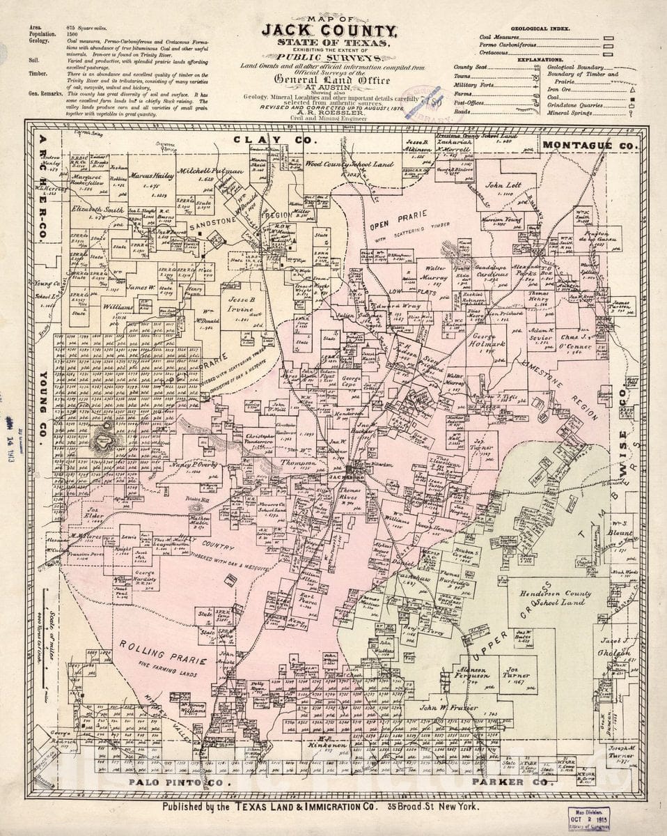 Historic 1876 Map - Map of Jack County, State of Texas : exhibiting The Extent of Public surveys Land Grants and All Other Official Information compiled from Official surveys