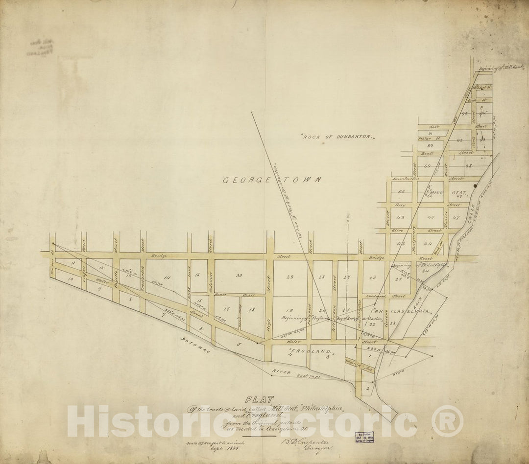 Historic 1885 Map - Plat of The tracts of Land Called;Mill Seat;Philadelphia; and;Frogland; from The Original patents as Located in Georgetown D.C.