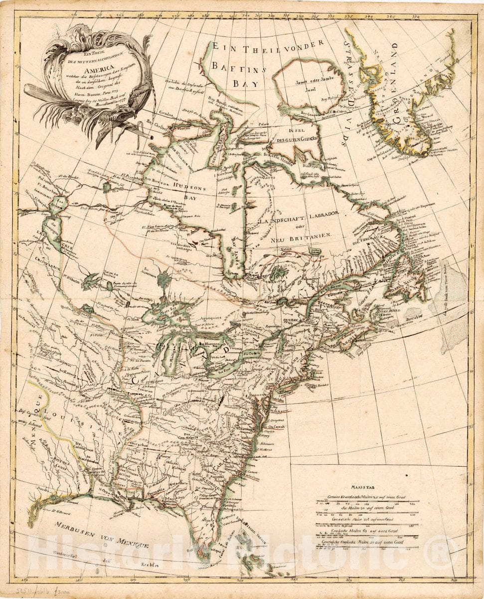 Historic 1777 Map - EIN Theil des Mitternaechtlichen America : Welcher die Besitzungen der Englaender : in denselben begreist nach dem Original des Herr'n Bonne, Paris 1773.