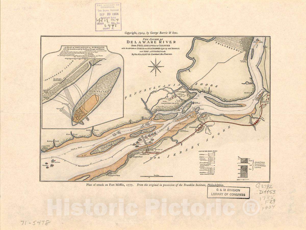 Historic 1904 Map - The Course of Delaware River from Philadelphia to Chester with The Several forts and stackadoes Raised by The Rebels, and The Attacks Made by His Majesty's Land