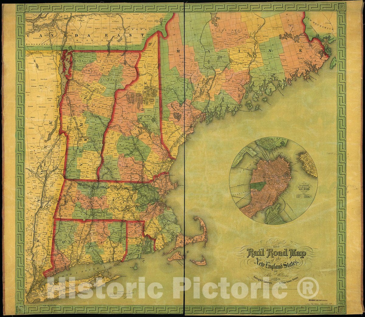 Historic 1854 Map - Telegraph and Rail Road map of The New England States.