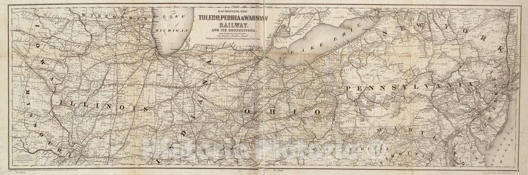 Historic 1867 Map - Map Showing The Toledo, Peoria, Warsaw Railway and its Connections, 1867.