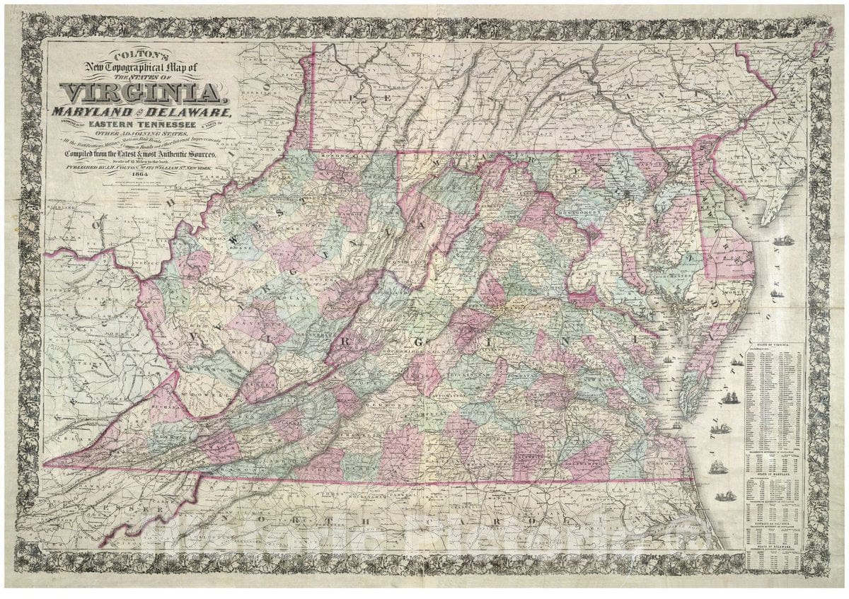 Historic 1864 Map - Colton's New Topographical map of The States of Virginia, Maryland and Delaware, Showing Also Eastern Tennessee