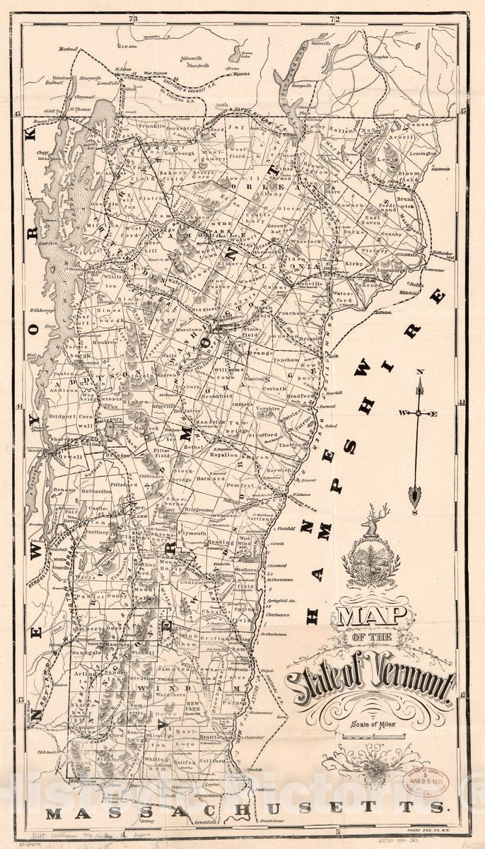 Historic 1890 Map - Map of The State of Vermont.