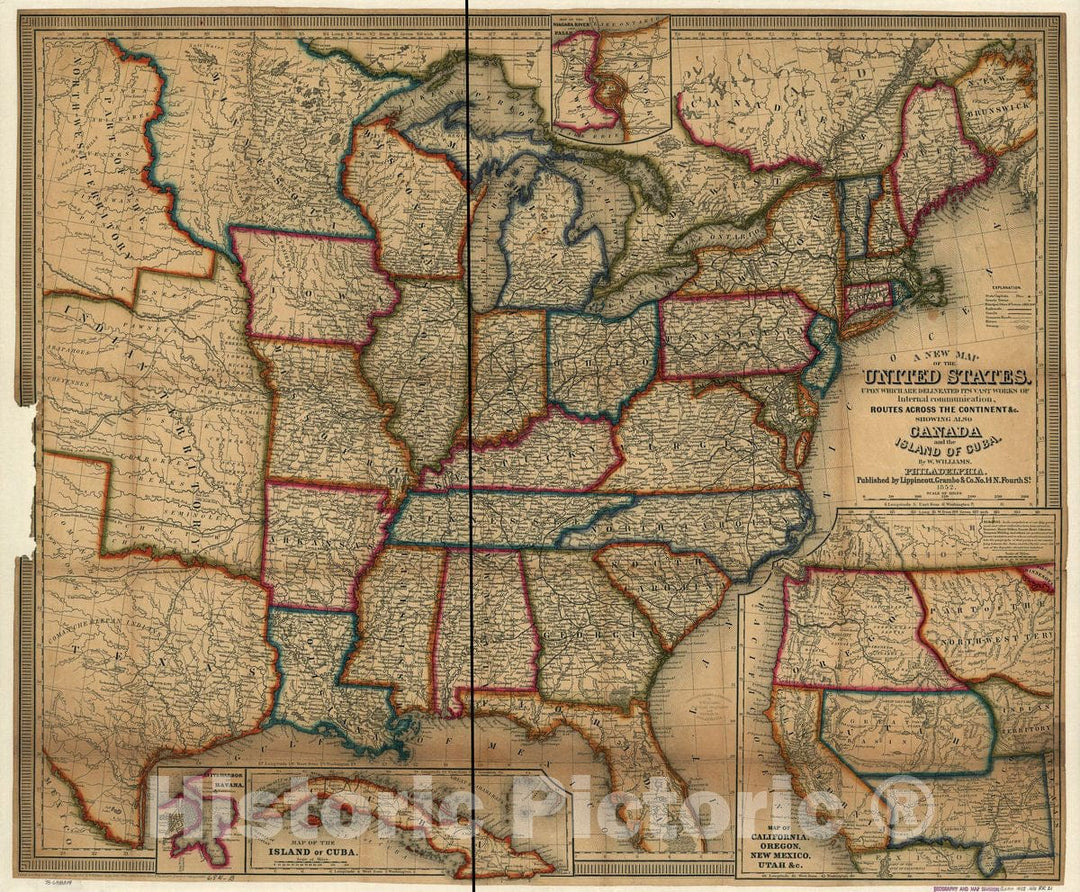 Historic 1852 Map - A New map of The United States. Upon which are delineated its vast Works of Internal Communication, Routes Across The Continent