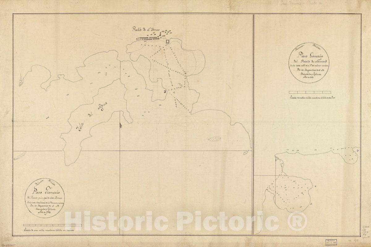 Historic 1793 Map - Plano geomÃ©trico del Puerto Principal de San Tomas en la Costa meridional de la ya. del mismo nombre ; Plano geomÃ©trico del Puerto de Normand en la Costa N.O. de la ya.