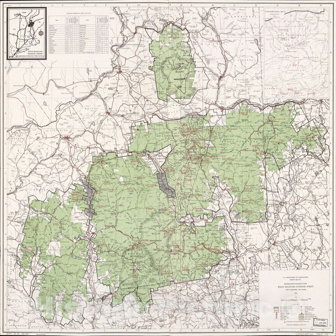 Historic 1963 Map - Recreation Facility map, White Mountain National Forest, New Hampshire and Maine