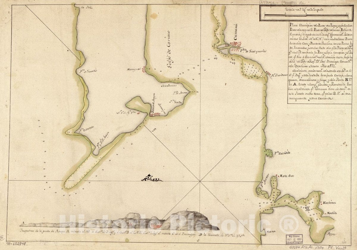 Historic 1754 Map - Plano o descripciÃ³n de la Punta de Araya y su fondeadero, Parte de la Costa del E. Parte del Golfo de Cariaco