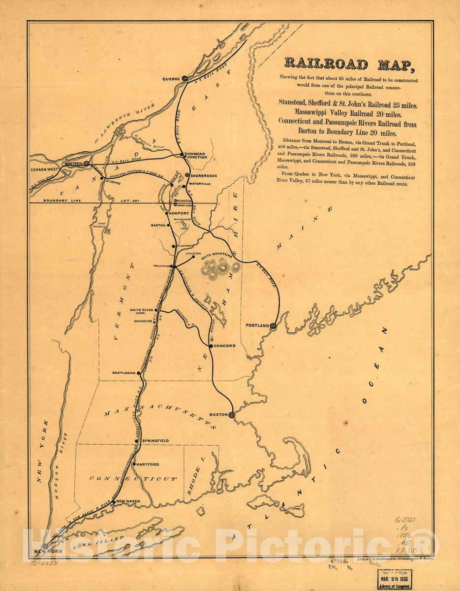 Historic 1856 Map - Railroad map, Showing The fact That About 65 Miles of Railroad to be Constructed Would Form one of The Principal Railroad Connections on This Continent.