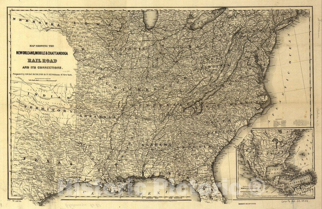 Historic 1865 Map - Map Showing The New Orleans, Mobile & Chattanooga Railroad and its Connections.