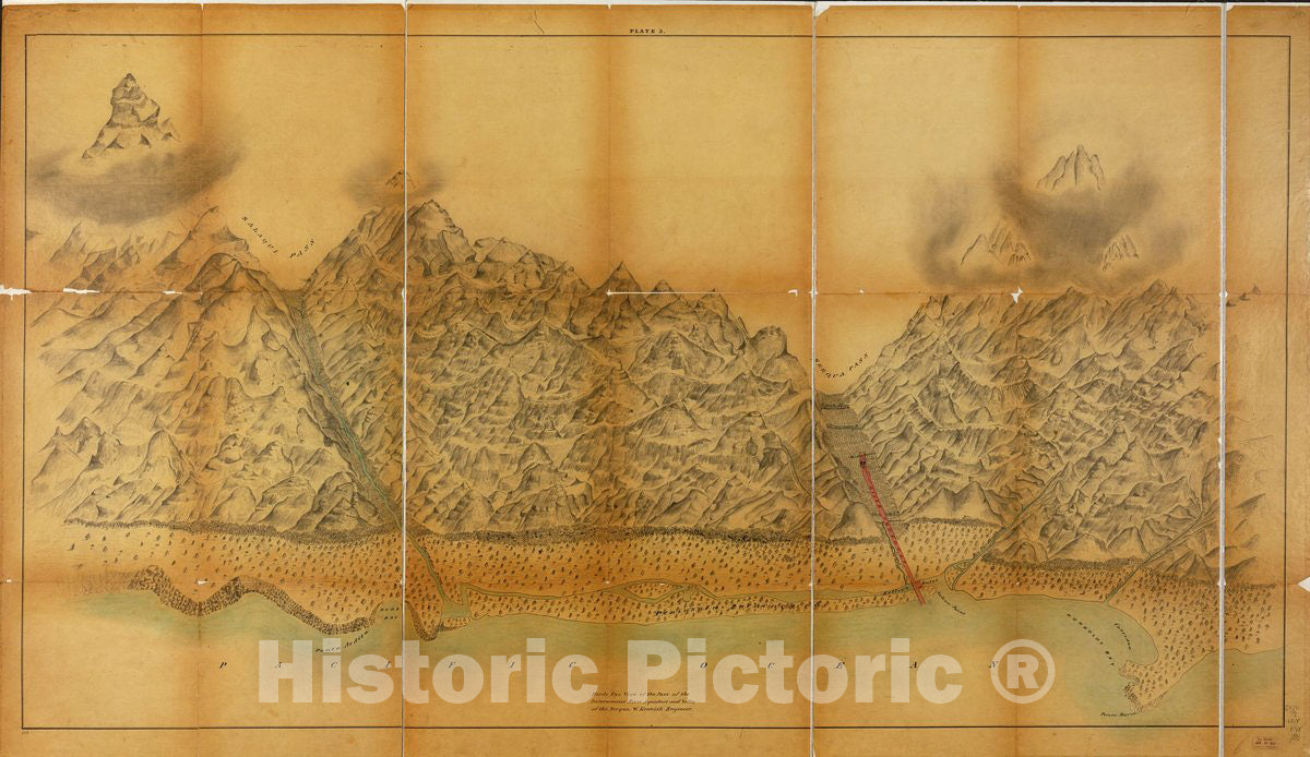 Historic 1855 Map - Birds Eye View of The Pass of The interoceanic River Aqueduct and Valley of The Nerqua
